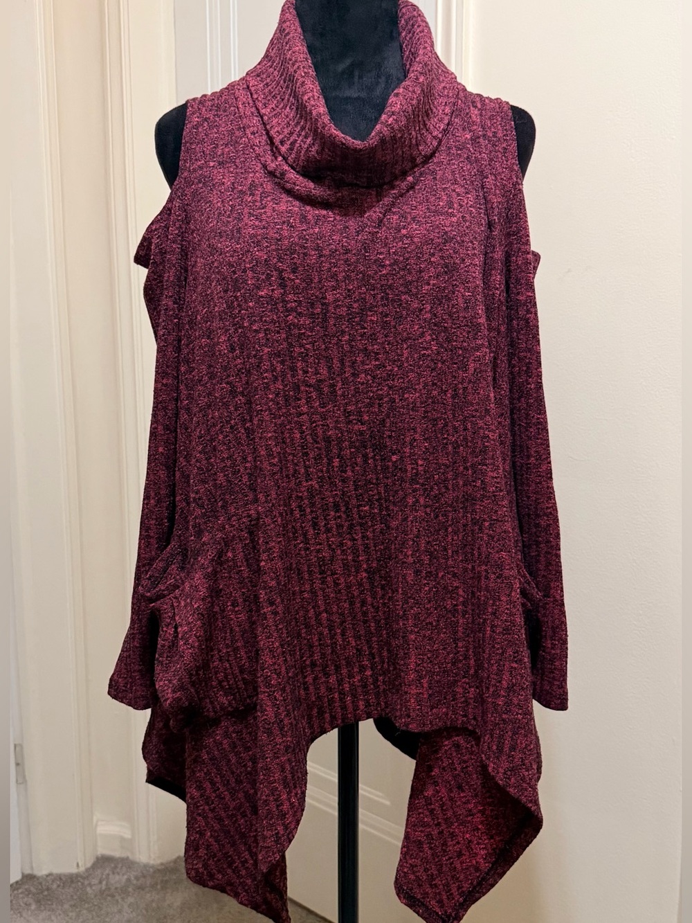 For Cynthia Marled Knot Cold-Shoulder Tunic Oversized Poncho Sweater Size M